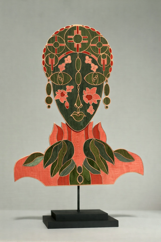 Masque décoratif en marqueterie cloisonnée bois et métal, pièce façonnée à la main sur socle