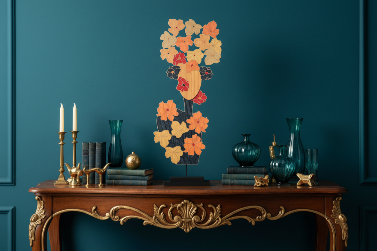 Masque d’exception en marqueterie cloisonnée bois et métal, pièce décorative contemporaine sur socle
